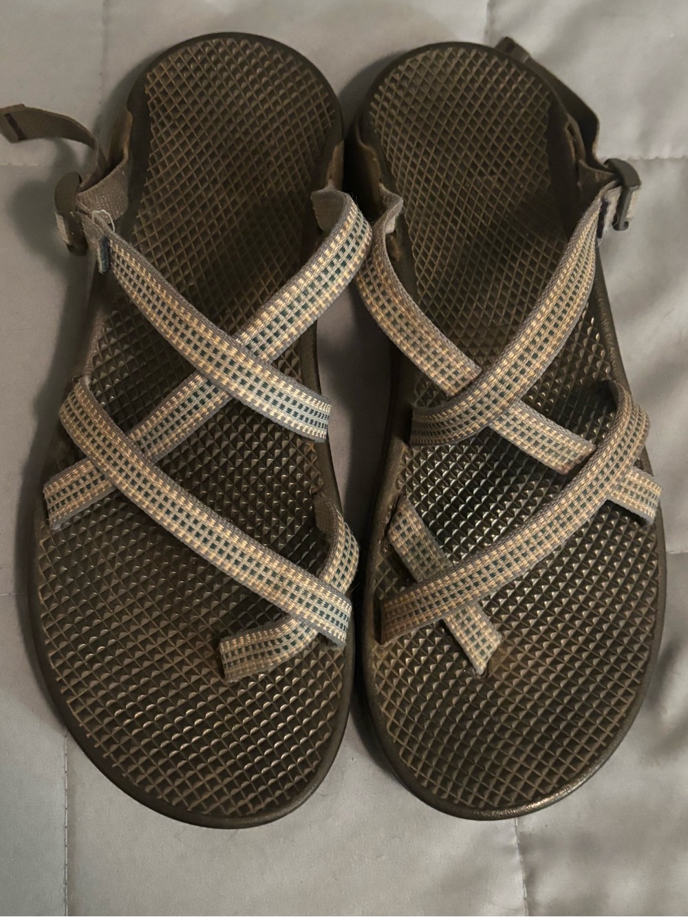 Chaco Brown Sandals with Beige and Blue Straps